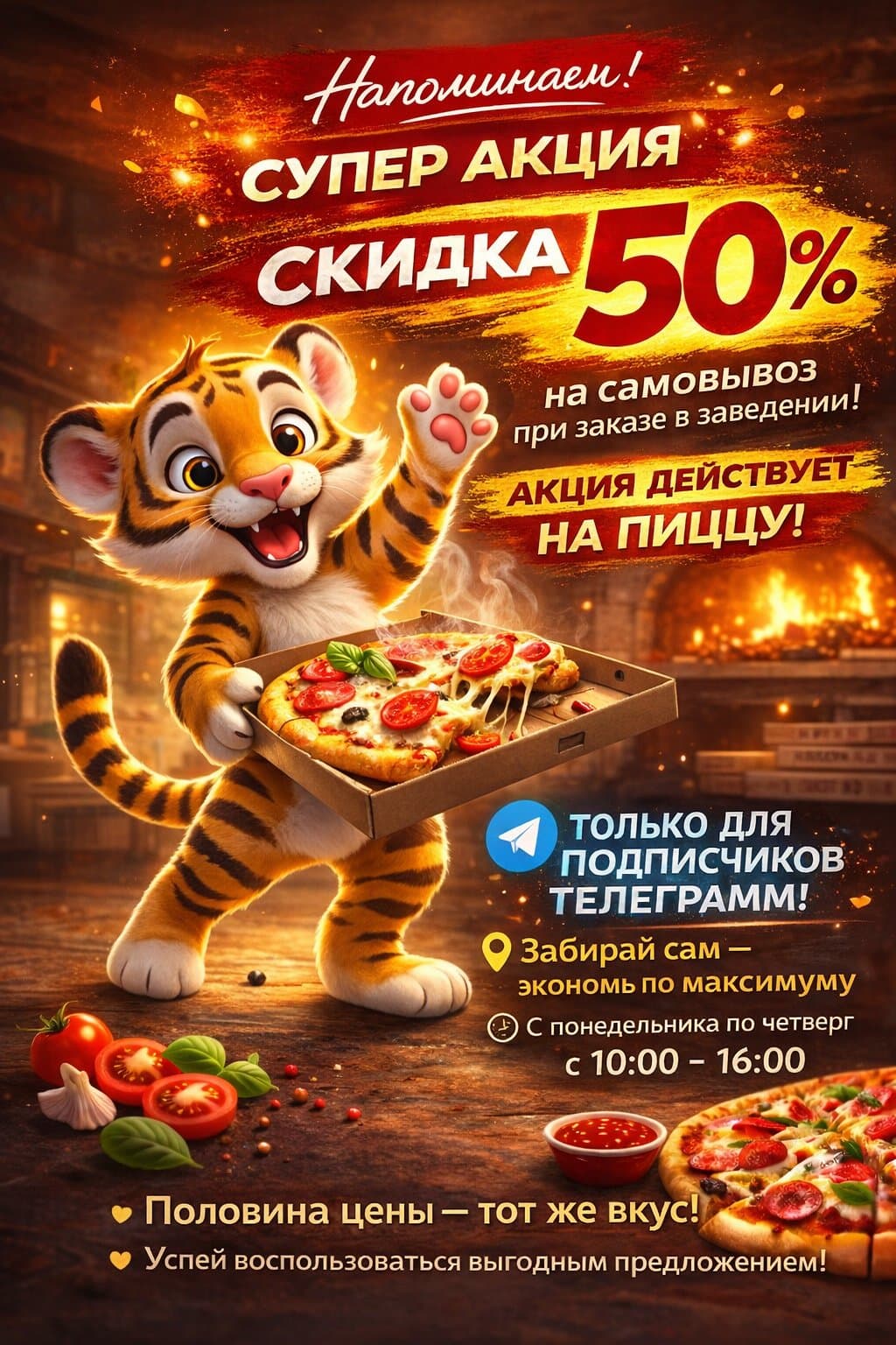 Скидка 50% на пиццу в будние дни!